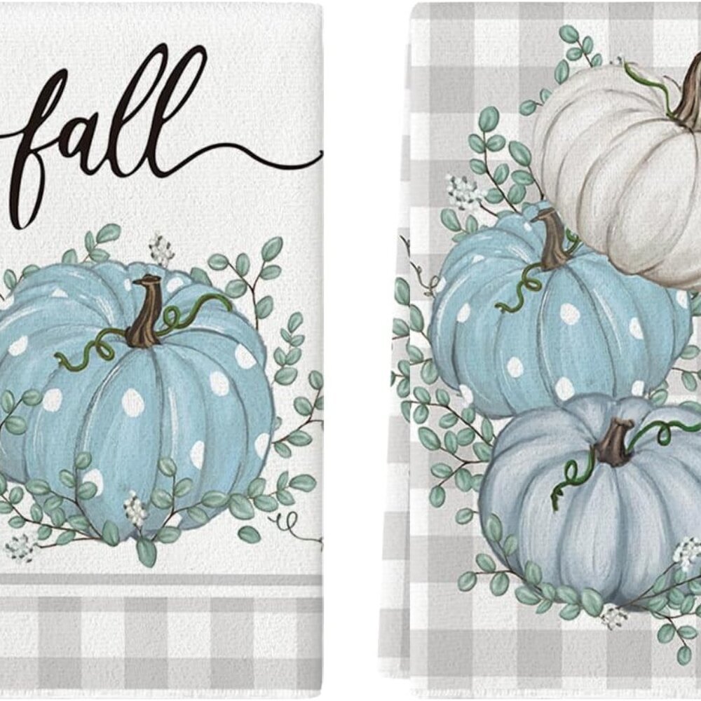 Buffalo Plaid Eucalyptus Leaves Pumpkin Fall Kitchen Towels Dish Towels, 18x26 I